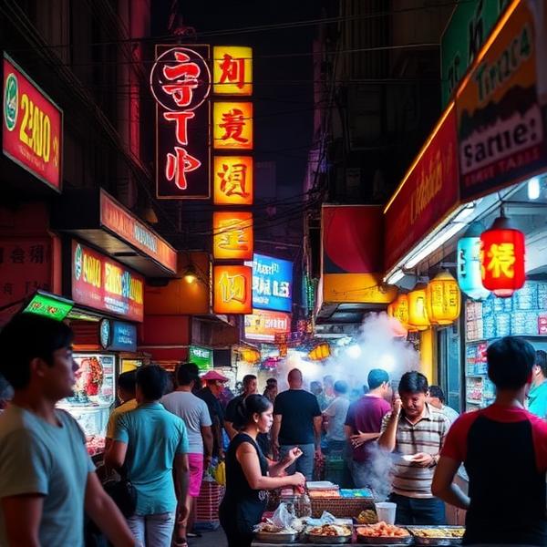 Vibrant street food night market glowing with neon